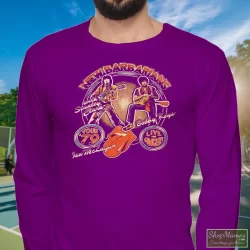 70s 1979 New Barbarians Rolling Stones Concert Tour Shirt 6 Men's 70s 1979 New Barbarians Rolling Stones Concert Tour Long Sleeve In Purple, Front View On Light Wood Background