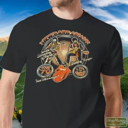 70s 1979 New Barbarians Rolling Stones Concert Tour Shirt 2 Men's 70s 1979 New Barbarians Rolling Stones Concert Tour T Shirt In Black, Front View On Light Wood Background