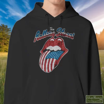 Men's 80s 1981 The Rolling Stones North American Rock Concert Tour Hoodie In Black, Front View On Light Wood Background
