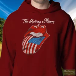 80s 1981 The Rolling Stones North American Rock Concert Tour Shirt 4 Men's 80s 1981 The Rolling Stones North American Rock Concert Tour Hoodie In Maroon, Front View On Light Wood Background