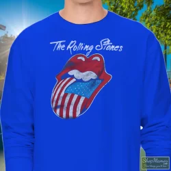 80s 1981 The Rolling Stones North American Rock Concert Tour Shirt 10 Men's 80s 1981 The Rolling Stones North American Rock Concert Tour Long Sleeve In Royal Blue, Front View On Light Wood Background
