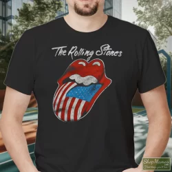 Men's 80s 1981 The Rolling Stones North American Rock Concert Tour T Shirt In Black, Front View On Light Wood Background