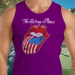 80s 1981 The Rolling Stones North American Rock Concert Tour Shirt 3 Men's 80s 1981 The Rolling Stones North American Rock Concert Tour Tank Top In Purple, Front View On Light Wood Background