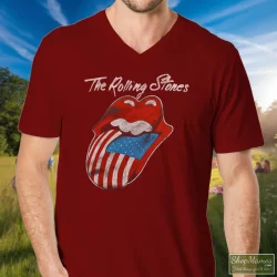 80s 1981 The Rolling Stones North American Rock Concert Tour Shirt 2 Men's 80s 1981 The Rolling Stones North American Rock Concert Tour V Neck In Maroon, Front View On Light Wood Background