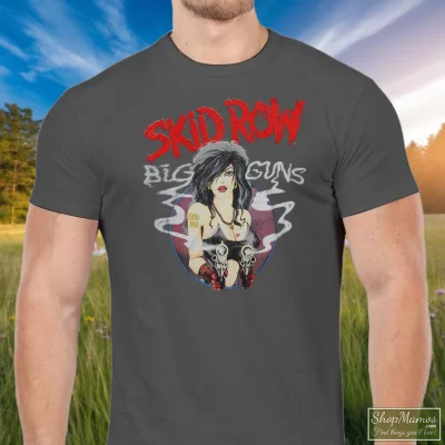 Men's 80s Skid Row Big Guns Heavy Metal Band T Shirt In Charcoal, Front View On Dark Wood Background