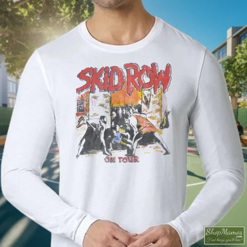 80s Skid Row On Tour Men’s Long Sleeve – White Front View On Dark Wood Background Men's 80s Skid Row On Tour Long Sleeve In White, Front View On Dark Wood Background