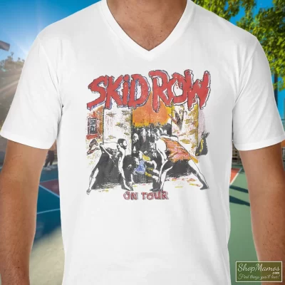 Men's 80s Skid Row On Tour V Neck In White, Front View On Dark Wood Background