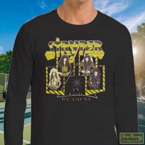 80S Skid Row Stryper In God We Trust World Tour Men’s Long Sleeve – Black Front View On Light Wood Background Men's 80S Skid Row Stryper In God We Trust World Tour Long Sleeve In Black, Front View On Light Wood Background