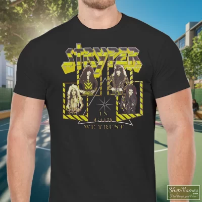 Men's 80S Skid Row Stryper In God We Trust World Tour T Shirt In Black, Front View On Light Wood Background
