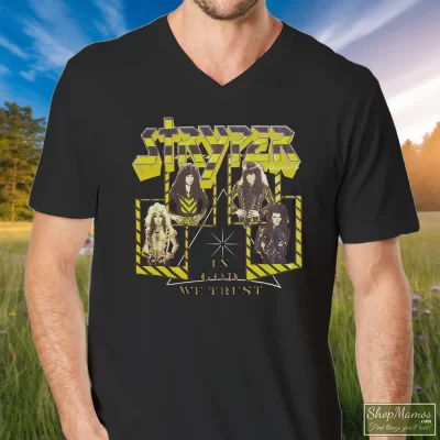 Men's 80S Skid Row Stryper In God We Trust World Tour V Neck In Black, Front View On Light Wood Background