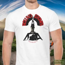 Men's 80s The Rolling Stones 1978 Some Girls Tour T Shirt In White, Front View On Dark Wood Background