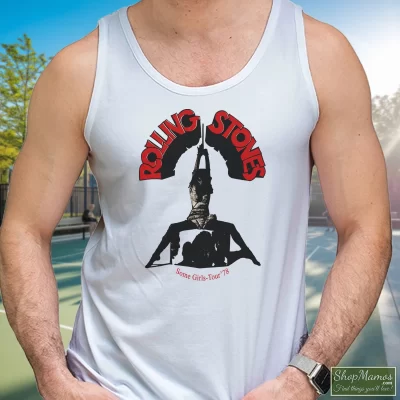 Men's 80s The Rolling Stones 1978 Some Girls Tour Tank Top In White, Front View On Dark Wood Background
