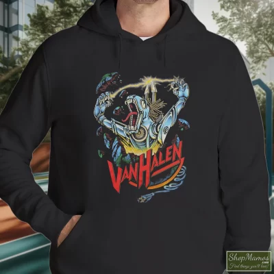 Men's 80s Van Halen Kicks Ass Metal Beast Hoodie In Black, Front View On Light Wood Background