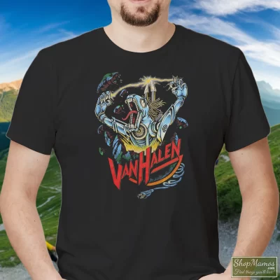 Men's 80s Van Halen Kicks Ass Metal Beast T Shirt In Black, Front View On Light Wood Background