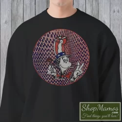 Men's 80s Vintage Grateful Dead Cat In The Hat Weed Dr Seuss Sweatshirt In Black, Front View On Light Wood Background