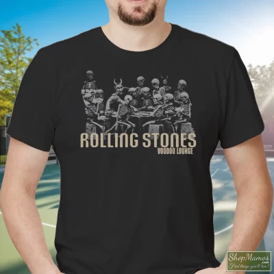 Men's 90s 1994 Rolling Stones Rock Band Voodoo Lounge Concert Skeletons Tour Classic T Shirt In Black, Front View On Light Wood Background