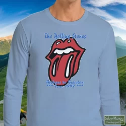 90s 1997 Rolling Stones Rock Tour Bridges To Babylon Shirt 3 Men's 90s 1997 Rolling Stones Rock Tour Bridges To Babylon Long Sleeve In Light Blue, Front View On Dark Wood Background