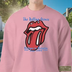 90s 1997 Rolling Stones Rock Tour Bridges To Babylon Shirt 7 Men's 90s 1997 Rolling Stones Rock Tour Bridges To Babylon Sweatshirt In Light Pink, Front View On Dark Wood Background