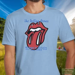 90s 1997 Rolling Stones Rock Tour Bridges To Babylon Shirt 10 Men's 90s 1997 Rolling Stones Rock Tour Bridges To Babylon T Shirt In Light Blue, Front View On Dark Wood Background