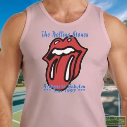 90s 1997 Rolling Stones Rock Tour Bridges To Babylon Shirt 2 Men's 90s 1997 Rolling Stones Rock Tour Bridges To Babylon Tank Top In Light Pink, Front View On Dark Wood Background