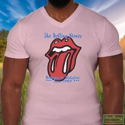 90s 1997 Rolling Stones Rock Tour Bridges To Babylon Shirt 4 Men's 90s 1997 Rolling Stones Rock Tour Bridges To Babylon V Neck In Light Pink, Front View On Dark Wood Background