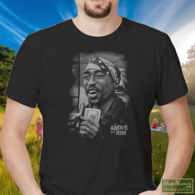 Men's 90s Above The Rim Tupac Shakur Movie T Shirt In Black, Front View On Light Wood Background