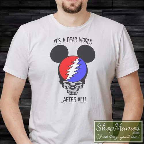 Men's 90s Grateful Dead Mickey Mouse It's A Dead World After All T Shirt In White, Front View On Dark Wood Background