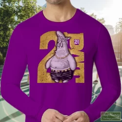 90s Patrick Star Spongebob 2 Fat Tupac Shakur Thug Life Parody With Diamonds Accessories Shirt 1 Men's 90s Patrick Star Spongebob 2 Fat Tupac Shakur Thug Life Parody With Diamonds Accessories Long Sleeve In Purple, Front View On Light Wood Background