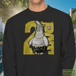 90s Patrick Star Spongebob 2 Fat Tupac Shakur Thug Life Parody With Diamonds Accessories Shirt 8 Men's 90s Patrick Star Spongebob 2 Fat Tupac Shakur Thug Life Parody With Diamonds Accessories Sweatshirt In Black, Front View On Light Wood Background
