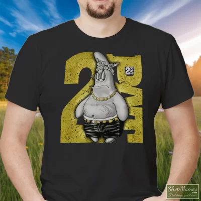 Men's 90s Patrick Star Spongebob 2 Fat Tupac Shakur Thug Life Parody With Diamonds Accessories T Shirt In Black, Front View On Light Wood Background