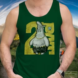 90s Patrick Star Spongebob 2 Fat Tupac Shakur Thug Life Parody With Diamonds Accessories Shirt 4 Men's 90s Patrick Star Spongebob 2 Fat Tupac Shakur Thug Life Parody With Diamonds Accessories Tank Top In Forest Green, Front View On Light Wood Background