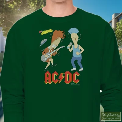 Men's 90s Rock Tour Mtv 1996 Acdc Beavis And Butthead Long Sleeve In Forest Green, Front View On Light Wood Background