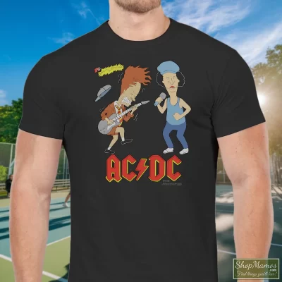 Men's 90s Rock Tour Mtv 1996 Acdc Beavis And Butthead T Shirt In Black, Front View On Light Wood Background