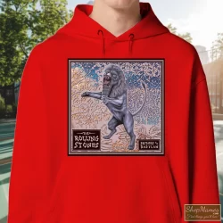 90s Rolling Stones Bridges To Babylon Tour Shirt 5 Men's 90s Rolling Stones Bridges To Babylon Tour Hoodie In Red, Front View On Dark Wood Background