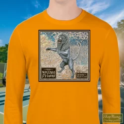 90s Rolling Stones Bridges To Babylon Tour Shirt 1 Men's 90s Rolling Stones Bridges To Babylon Tour Sweatshirt In Orange, Front View On Dark Wood Background
