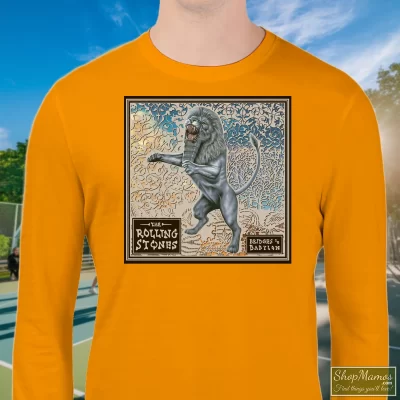 Men's 90s Rolling Stones Bridges To Babylon Tour Sweatshirt In Orange, Front View On Dark Wood Background