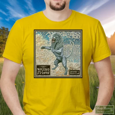 Men's 90s Rolling Stones Bridges To Babylon Tour T Shirt In Yellow, Front View On Dark Wood Background