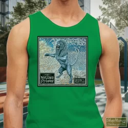 90s Rolling Stones Bridges To Babylon Tour Shirt 7 Men's 90s Rolling Stones Bridges To Babylon Tour Tank Top In Irish Green, Front View On Light Wood Background