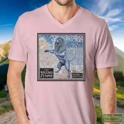 90s Rolling Stones Bridges To Babylon Tour Shirt 4 Men's 90s Rolling Stones Bridges To Babylon Tour V Neck In Light Pink, Front View On Dark Wood Background