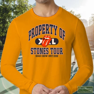 Men's 90s Rolling Stones Property Of Stones Tour Long Sleeve In Orange, Front View On Dark Wood Background