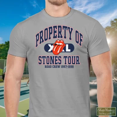 Men's 90s Rolling Stones Property Of Stones Tour T Shirt In Sport Grey, Front View On Dark Wood Background