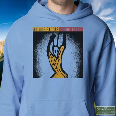 Men's 90s Rolling Stones Voodoo Lounge Album Hoodie In Light Blue, Front View On Dark Wood Background