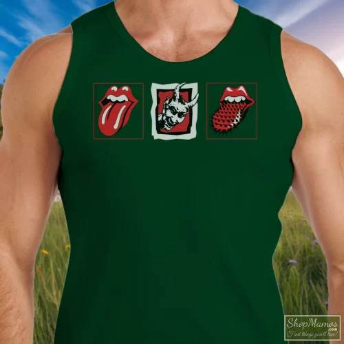 90s Rolling Stones Voodoo Lounge World Tour 94/95 Men’s Tank Top – Forest Green Front View On Light Wood Background Men's 90s Rolling Stones Voodoo Lounge World Tour 94/95 Tank Top In Forest Green, Front View On Light Wood Background