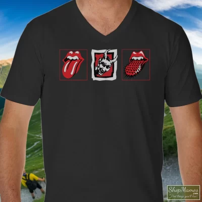 Men's 90s Rolling Stones Voodoo Lounge World Tour 94/95 V Neck In Black, Front View On Light Wood Background