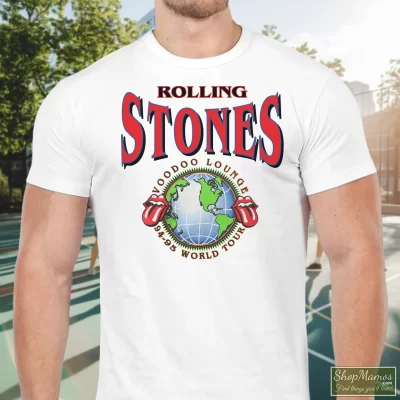 Men's 90s Rolling Stones Voodoo Lounge World Tour T Shirt In White, Front View On Dark Wood Background
