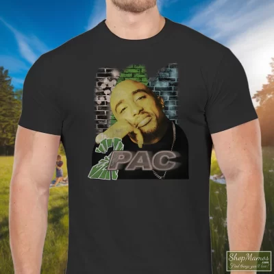 Men's 90s Tupac Shakur 2pac Hip Hop T Shirt In Black, Front View On Light Wood Background