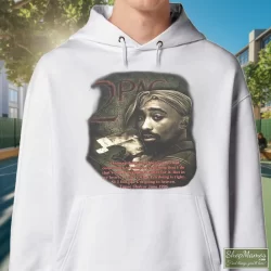 90s Tupac Shakur Shirt 2pac In Memory Of Rap Hip Hop Shirt 4 Men's 90s Tupac Shakur 2pac In Memory Of Rap Hip Hop Hoodie In White, Front View On Dark Wood Background