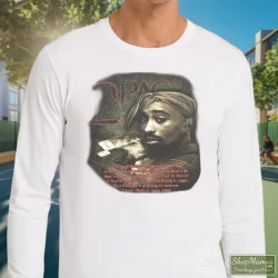 90s Tupac Shakur Shirt 2pac In Memory Of Rap Hip Hop Shirt 2 Men's 90s Tupac Shakur 2pac In Memory Of Rap Hip Hop Long Sleeve In White, Front View On Dark Wood Background