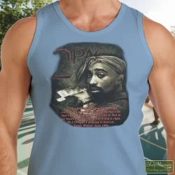90s Tupac Shakur Shirt 2pac In Memory Of Rap Hip Hop Shirt 8 Men's 90s Tupac Shakur 2pac In Memory Of Rap Hip Hop Tank Top In Light Blue, Front View On Dark Wood Background