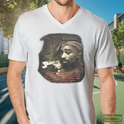 90s Tupac Shakur Shirt 2pac In Memory Of Rap Hip Hop Shirt 7 Men's 90s Tupac Shakur 2pac In Memory Of Rap Hip Hop V Neck In White, Front View On Dark Wood Background